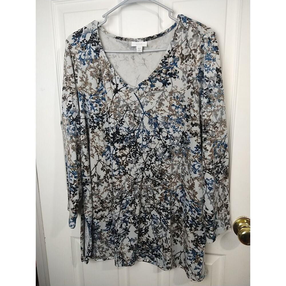 Purejill Woman M Tunic Blouse V Neck Floral Velvet Long Sleeve Casual Oversized
